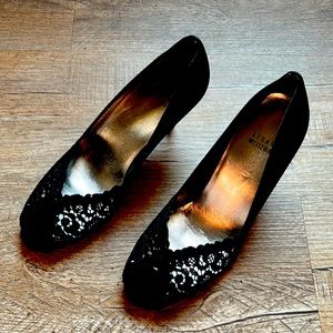 Stunning peep toe black satin heels